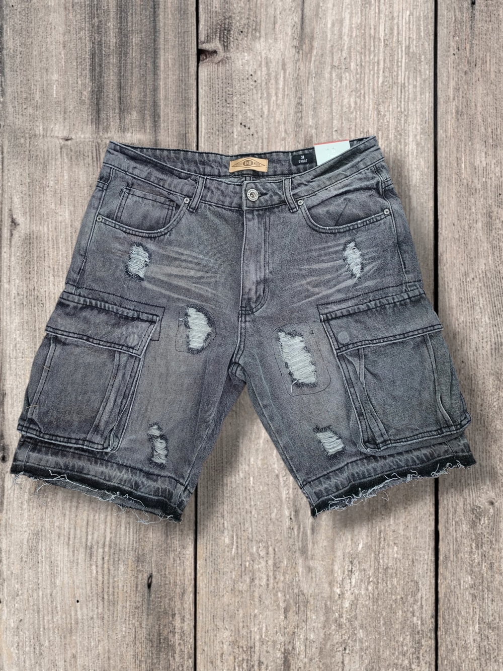 Men's Distressed Cargo Denim Shorts -  Black
